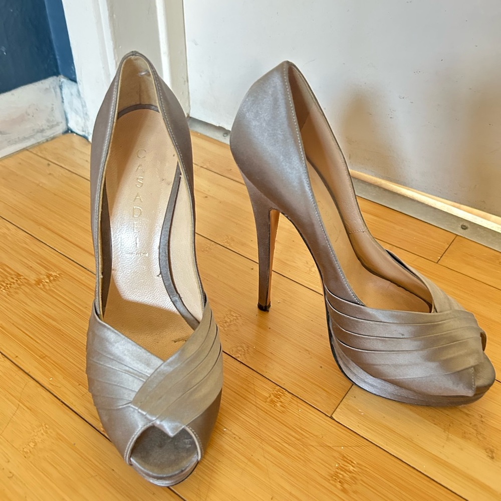 Casadei Taupe Satin Peep-Toe Stiletto Heels